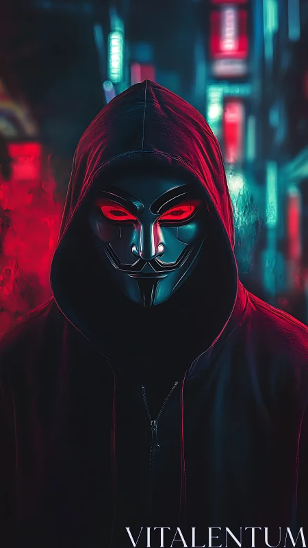 Hooded masked figure in neon city with intense red lighting.