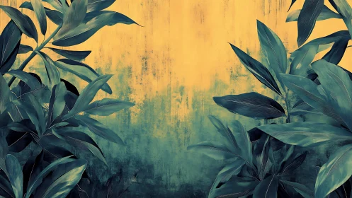 Symmetrical teal foliage silhouettes against textured ochre field