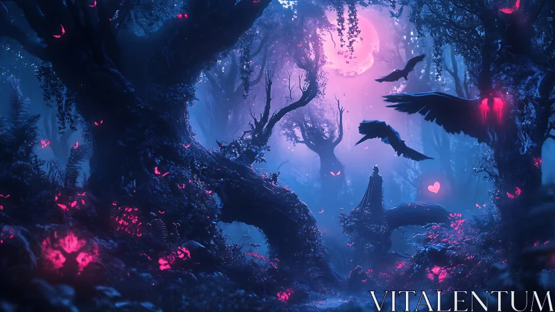 Dark enchanted forest under neon moonlight glow.