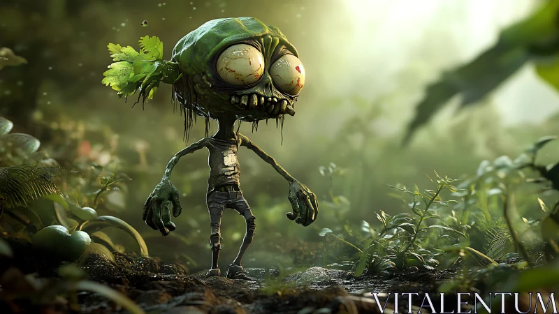 Mutant vegetable zombie character in lush forest scene.