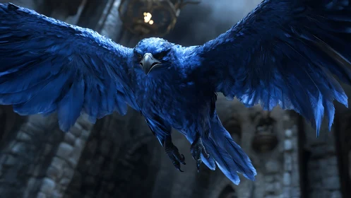 Photorealistic blue raven in mid-flight within stone vaults.