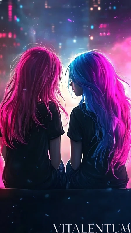 Two neon-haired girls sit close under glowing city lights