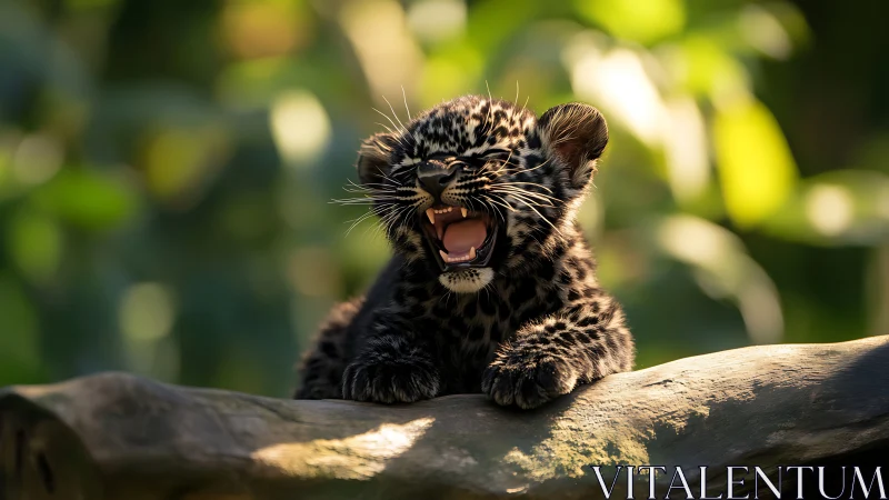 Tiny leopard cub greets the sun with a bold jungle yawn