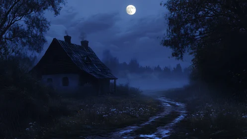 Moonlit cottage whispers softly along a misted forest path