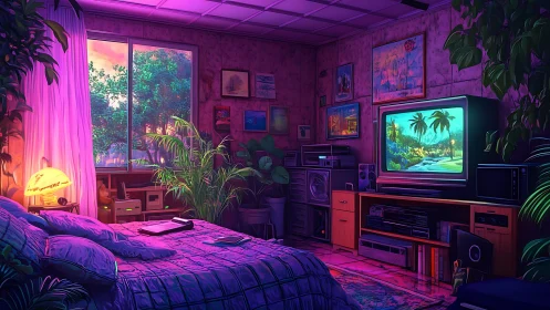 Neon-lit retro bedroom interior with CRT television and plants