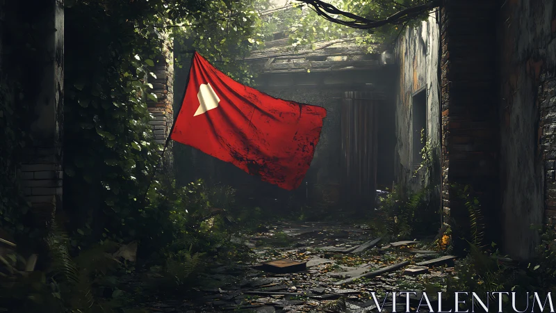 Derelict corridor with suspended red flag and play icon.