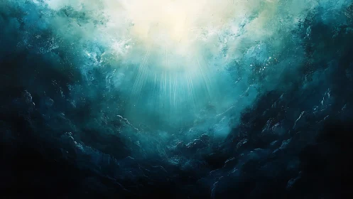 Underwater light shaft in deep teal and dark blue environment.