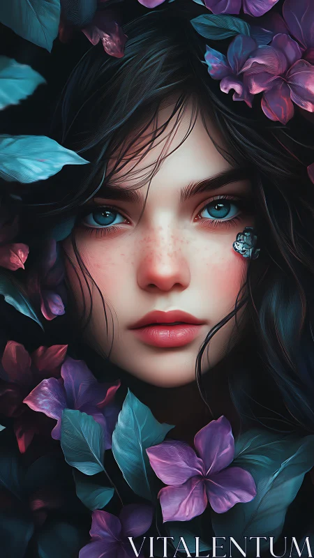 Dreamy forest girl surrounded by glowing twilight blooms.