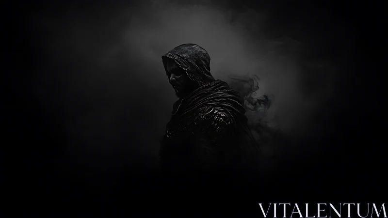 Hooded figure in chiaroscuro lighting emerges from dark void