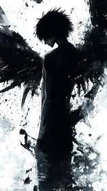 Shadowed angel profile amid violent black ink wings.