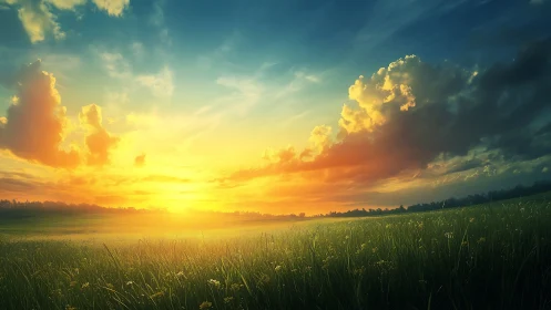 Luminous sunrise spreads over dewy meadow and distant treeline