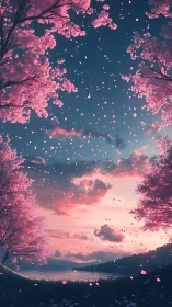 Petals drift upward as twilight stitches sky to lake