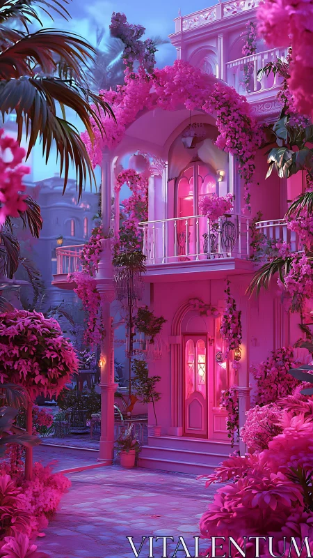 Pink villa façade covered in lush bougainvillea at dusk.