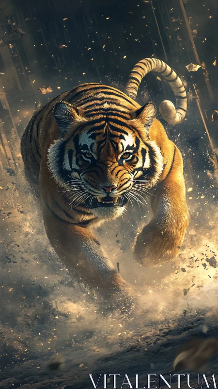 Tiger in dynamic forward motion through dust and debris.
