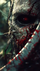 Haunting skeletal warrior gazes through bloodstained steel