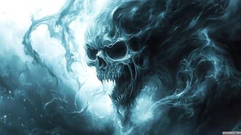 Spectral skull apparition in swirling ghostly mist.
