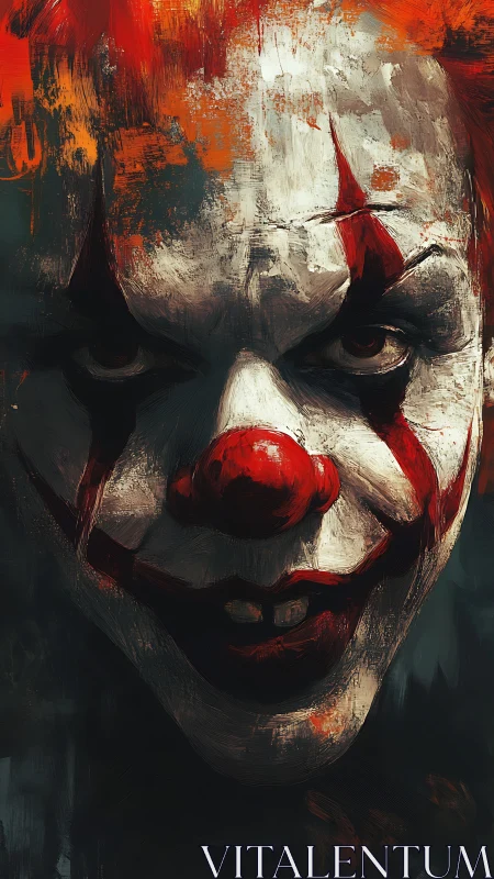 Grinning nightmare clown emerging from brushstroked shadows.
