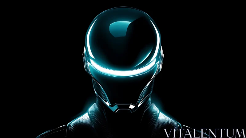 Futuristic android helmet glows with cyan neon trim.