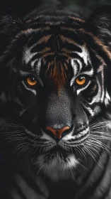 Piercing tiger gaze emerges from dramatic shadowed darkness.