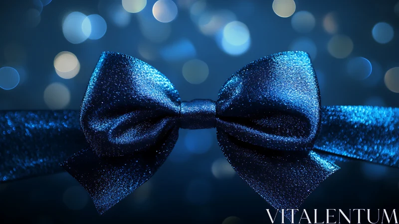 Metallic blue ribbon bow is centered against blurred lights