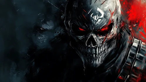 Digital painting of infernal cyber-skull portrait, red-highlighted.