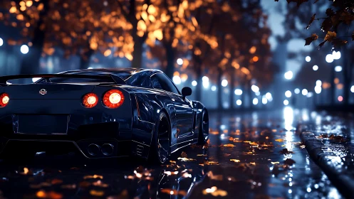Midnight sports car on wet city avenue with autumn lights.