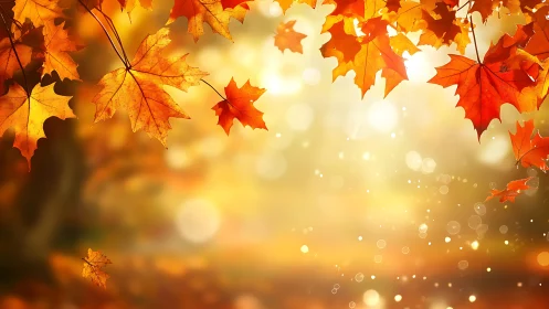 Golden maple leaves drift softly through liquid autumn light