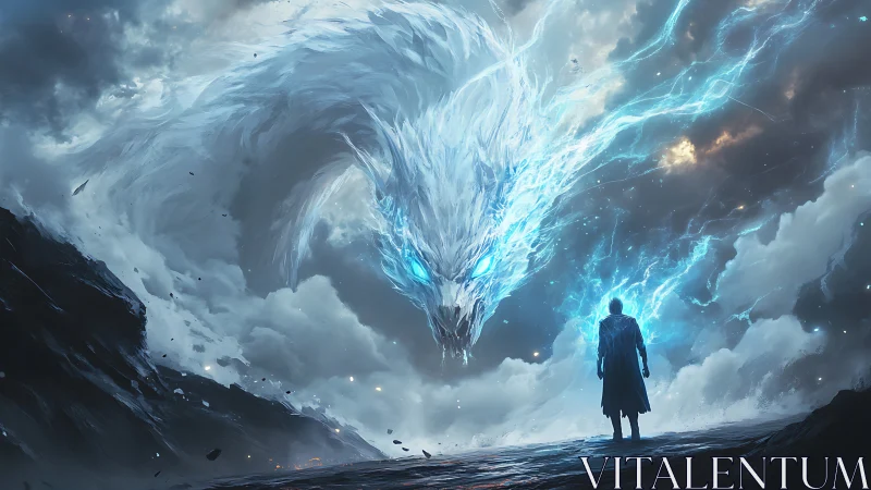 Storm dragon made of lightning confronts lone figure.