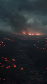 Wildfire Devastation: Glowing Embers Across Scorched Landscape.