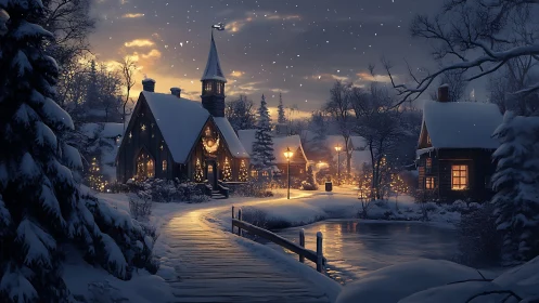 Snowy village glows softly under a calm winter night sky