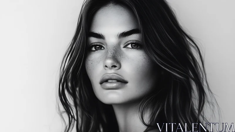 Monochrome portrait captures calm, freckled feminine beauty.