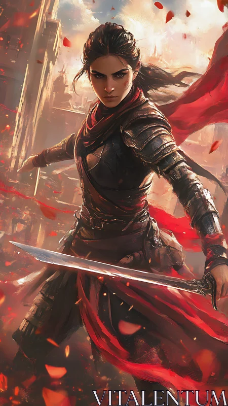 Fierce warrior in red scarf defends a burning ruined city