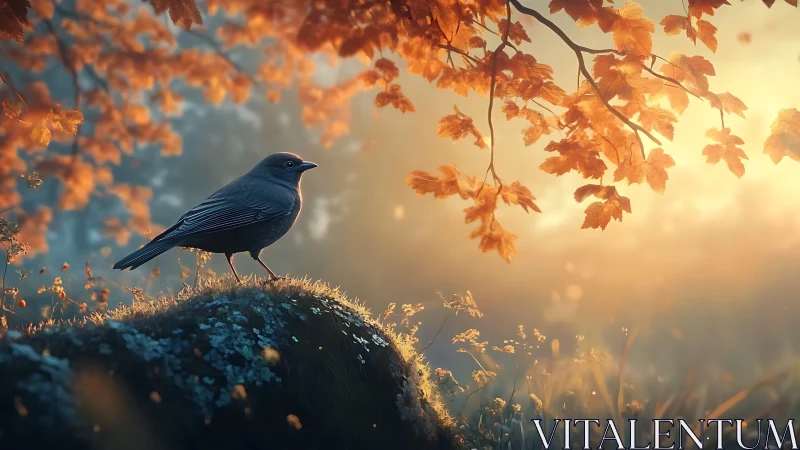 Tranquil Songbird on Mossy Rock in Autumn Glow, Realistic Art.