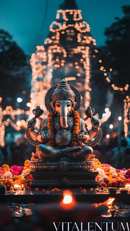 Radiant Ganesha idol glows amid festive temple lights at dusk
