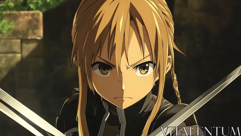 Steely eyed anime swordswoman framed in golden battle light.