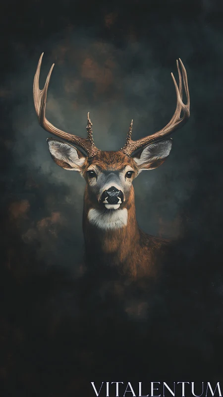 Majestic stag portrait on dark smoky studio background.
