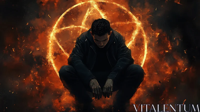 Solitary figure crouches before fiery pentagram in burning smoke