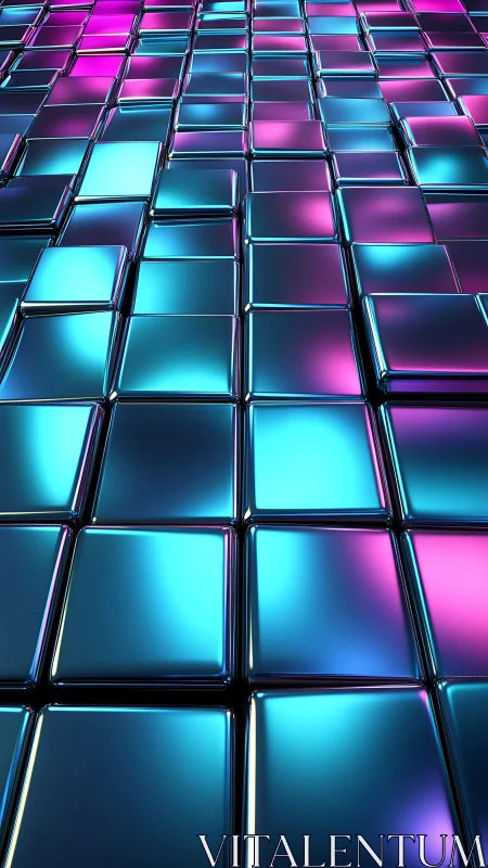 Chromed square grid reflects cyan and magenta neon light