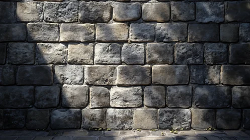 Rugged stone block wall bathed in soft angled sunlight.