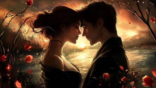 Silhouetted figures intimate profile embrace luminous golden atmospheric rendering