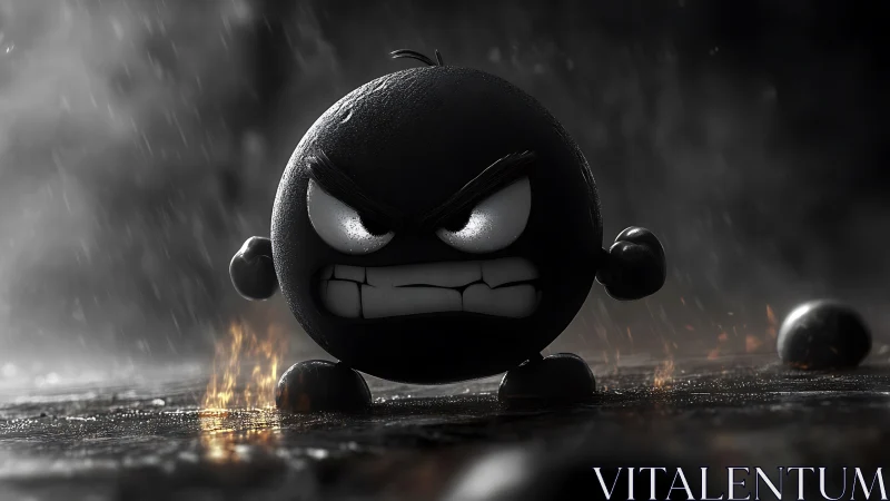 Angry black cartoon bomb strides through rain and sparks.