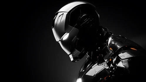 Midnight chrome sentinel bows in reflective cyber silence.