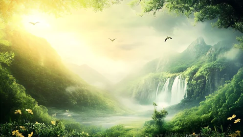 Sunlit emerald valley opens to misty waterfalls and birds in flight.