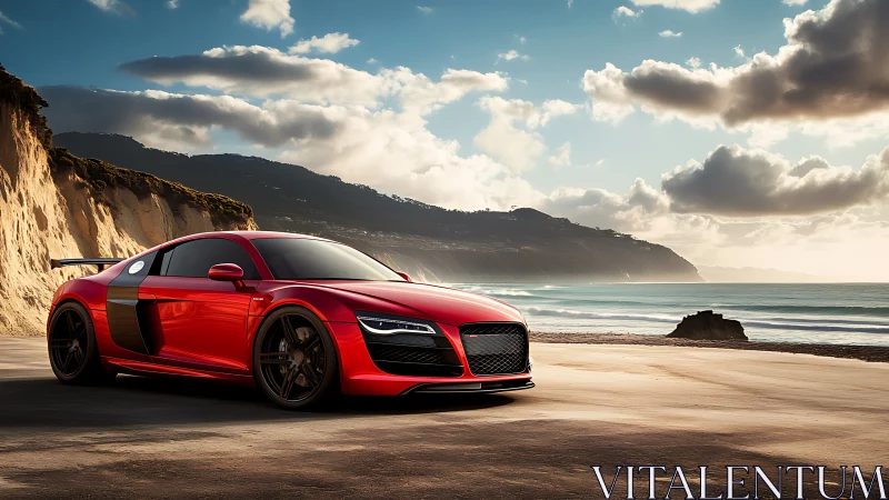 Red sports coupe on coastal road at cloudy shoreline.