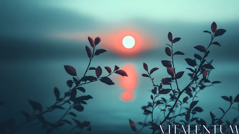 Serene lake sunset with silhouetted branches in dreamy soft focus.