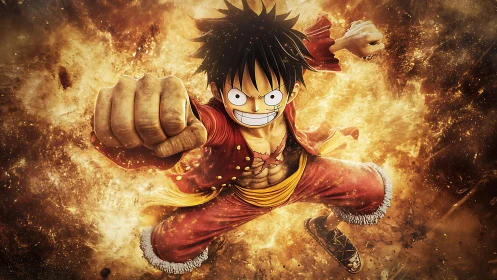 Fiery punch of a grinning hero racing through golden sparks.