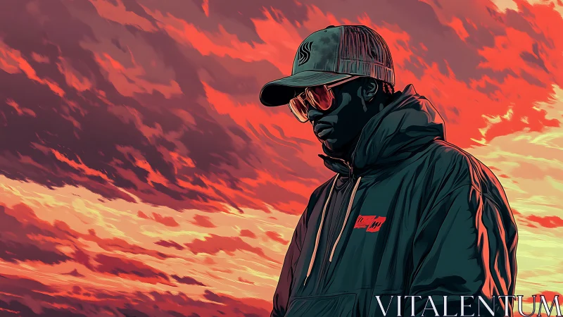 Hooded figure in cap against stylized red sunset sky.