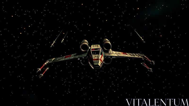 Starfighter gliding through quiet starlit deep space.