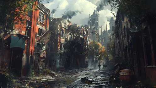 Lone wanderer crosses ruined city street toward smoking spires