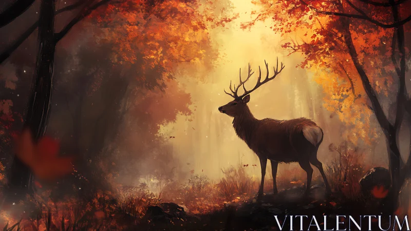 Stag standing in backlit autumn forest clearing at dawn.
